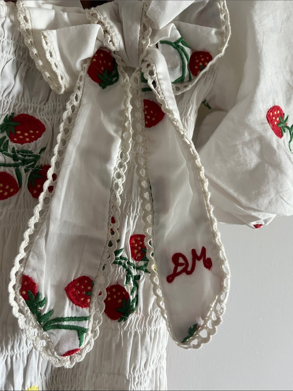 Damson Madder White Strawberry Embroidery Midi Dress with Puff Sleeves - Picture 8 of 16